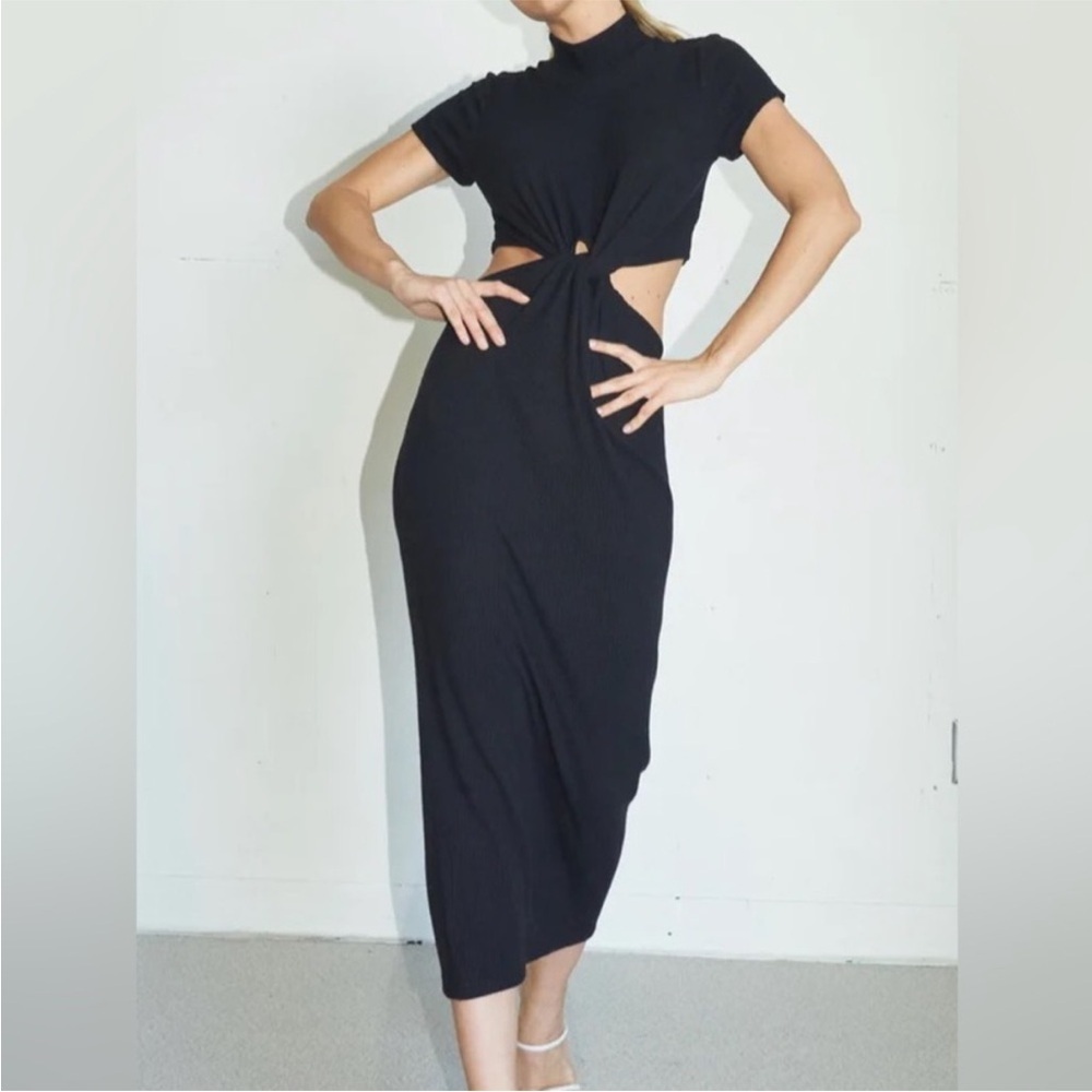 NWT LNA Neo Twist Front Black Ribbed Midi Dress XL